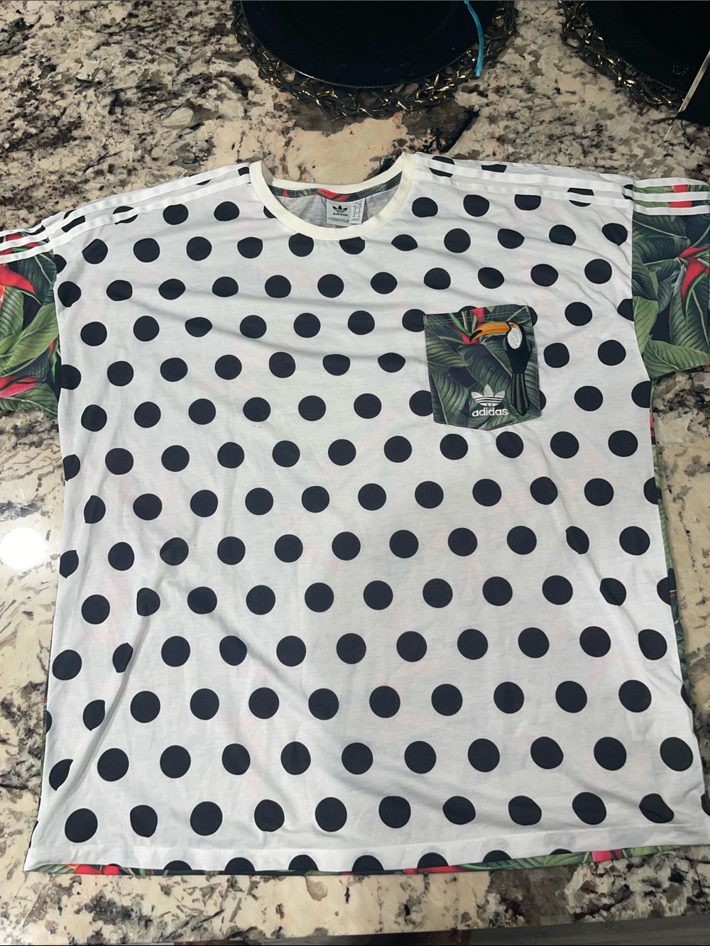 adidas White Tee with Black Polka Dots and Tropical Pocket